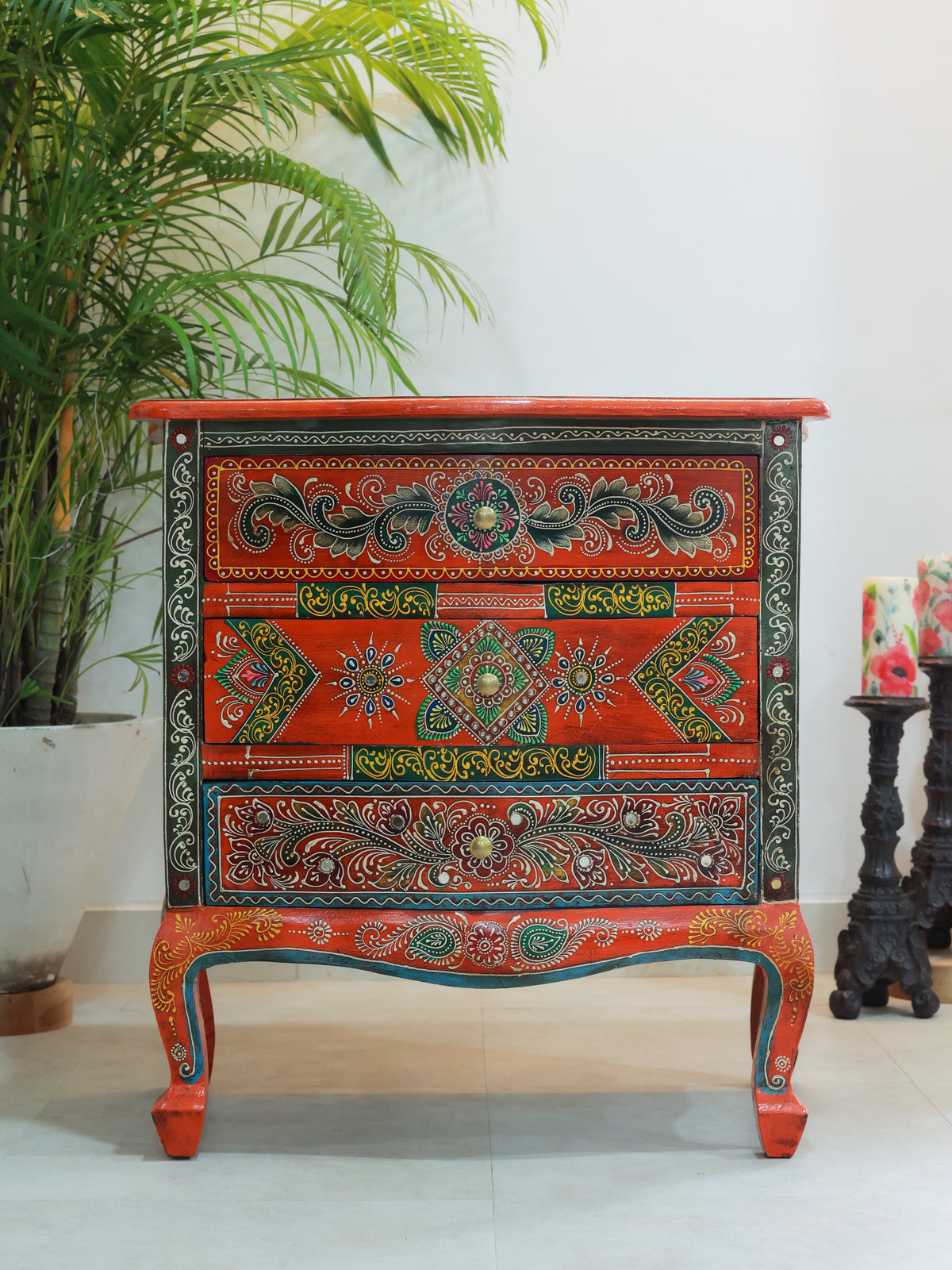 Piharwa Handpainted Three Bedside Drawer Orange