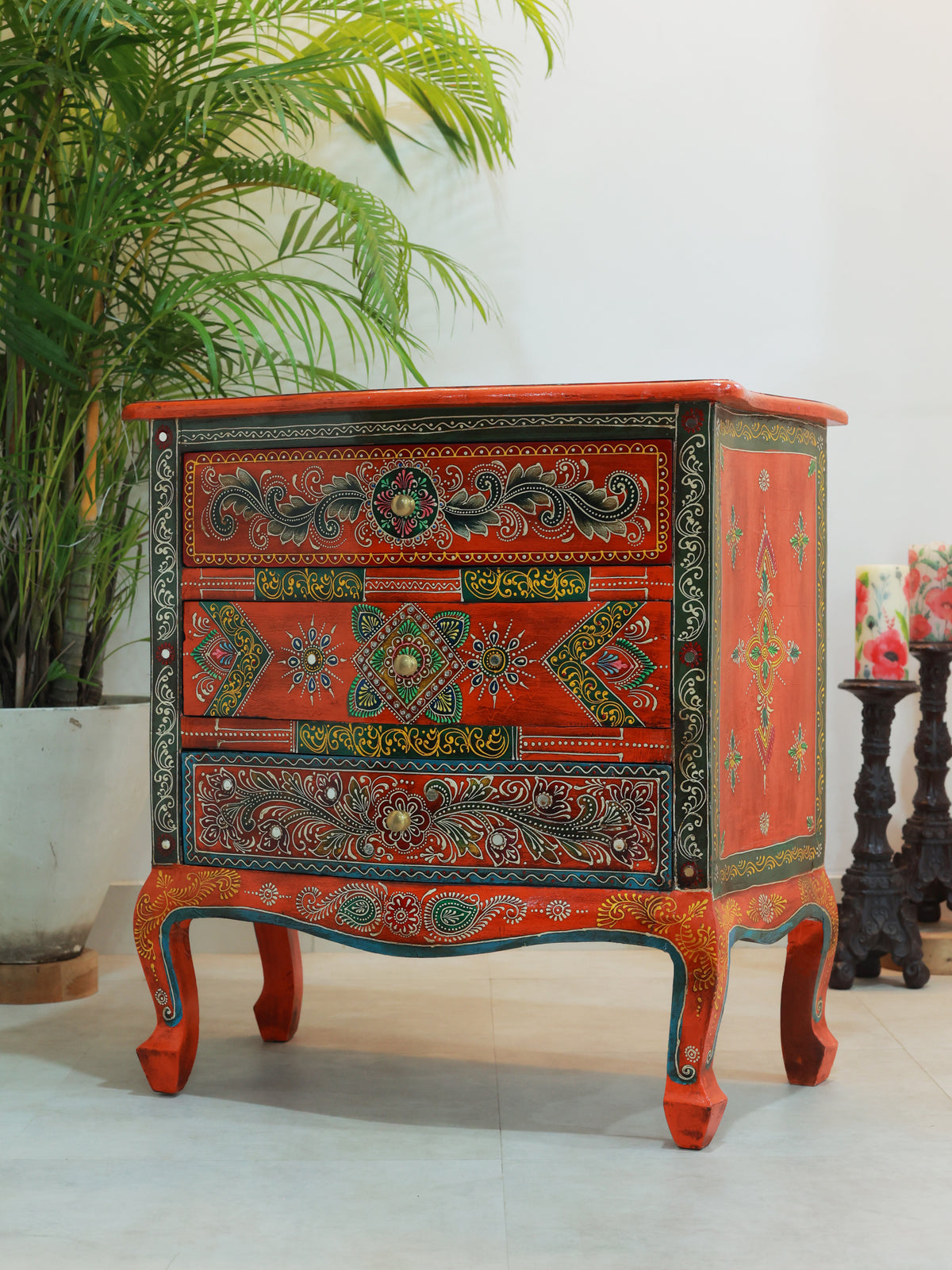 Piharwa Handpainted Three Bedside Drawer