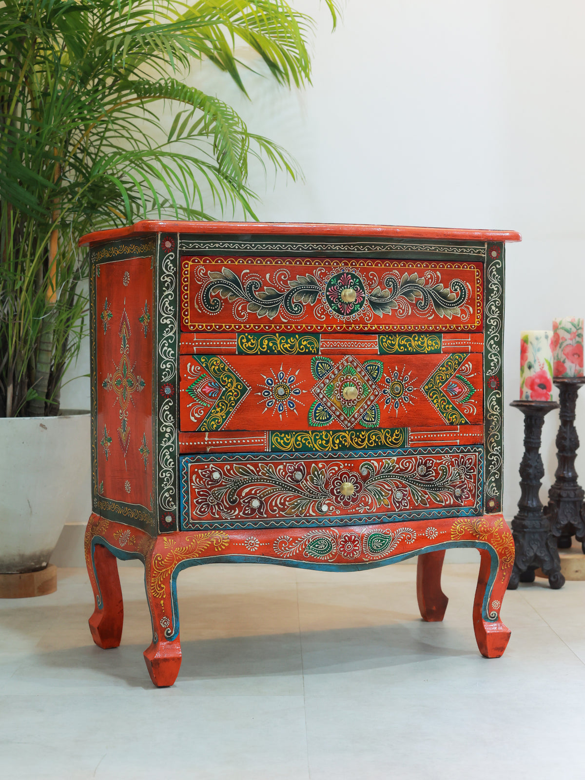 Piharwa Handpainted Three Bedside Drawer